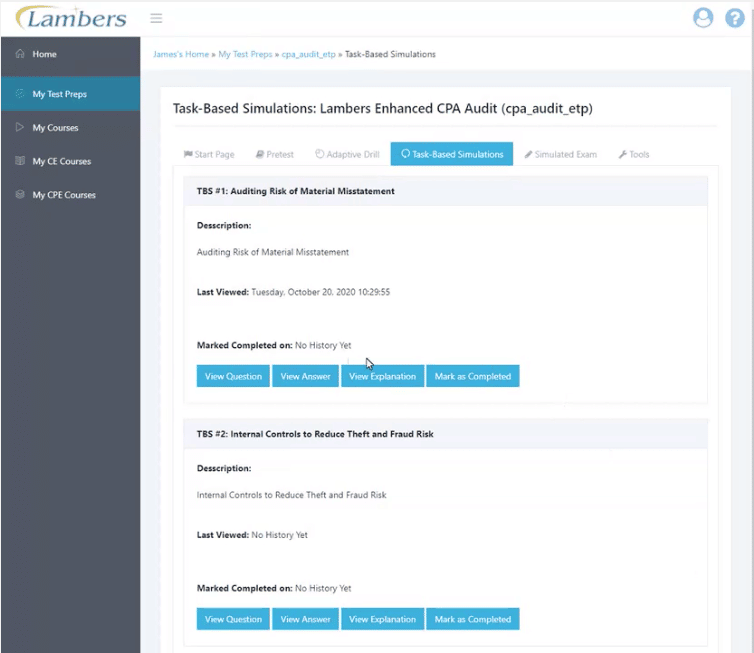 Lambers CPA Review Student Dashboard