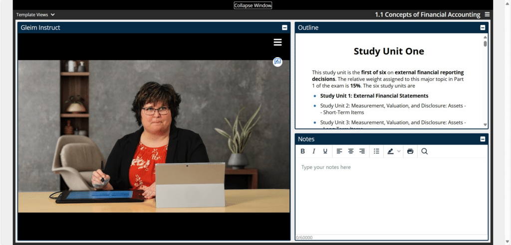 Gleim CMA Instruct Videos are quick and easy to get through with instructor Amy Ford. Students can customize their video interface with notes, the outline, and the video, and resize each segment.