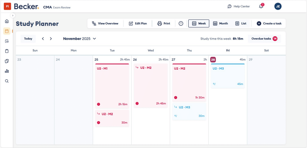 The Becker CMA study planner maps out daily and weekly tasks based on your goals and study pace, giving time estimates for every activity.