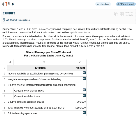 Becker CPA Review task-based simulation with an exhibit and diluted EPS worksheet