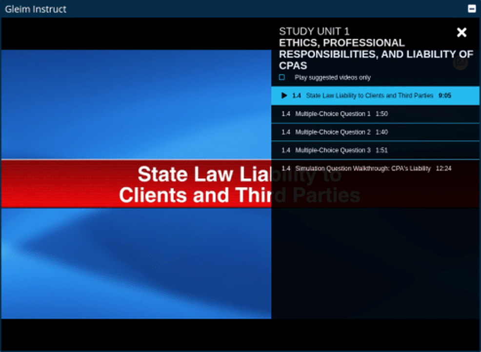 Gleim Instruct video playlist for a CPA Review study unit