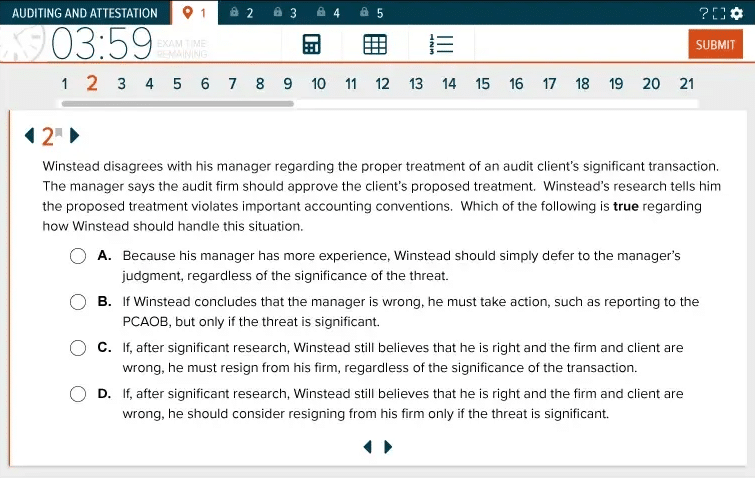 UWorld CPA Review AUD practice question in the exam-style interface