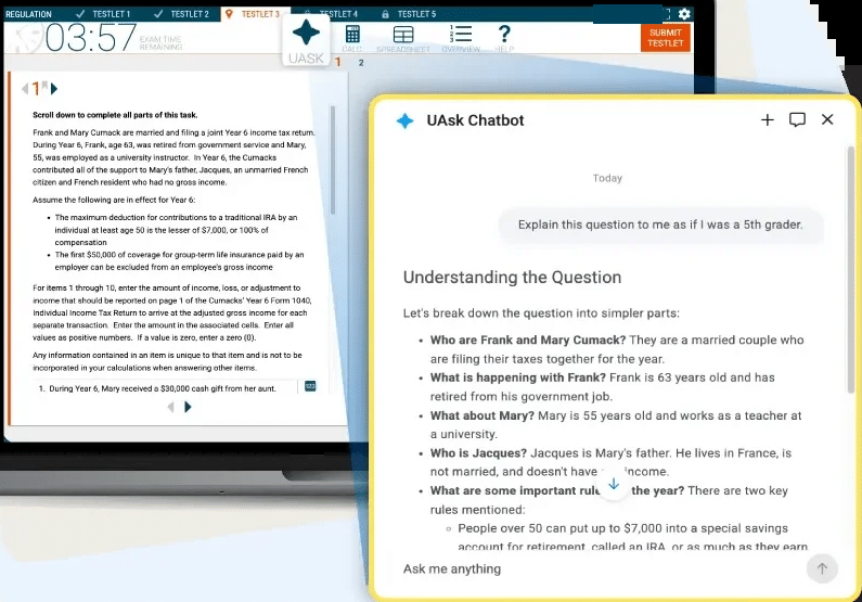 UWorld CPA Review UAsk AI assistant explaining a REG simulation